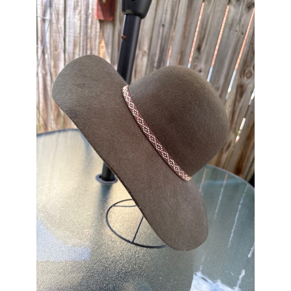 Marcus Adler Women 100% Wool Wide Brim Floppy Hat Olive Green Studded Band 0025h